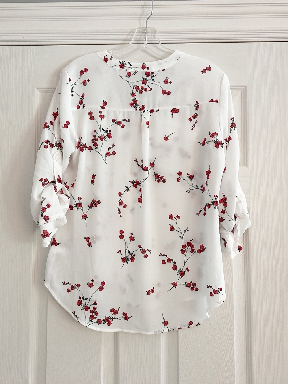Express White Floral Zip Front Top NWT SMALL Roll Tab Sleeve Business Casual - Picture 4 of 12
